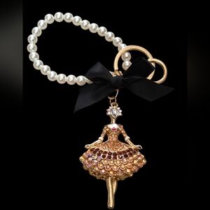 Elegant Gold Ballerina Bag Charm Keychain with Pearls
